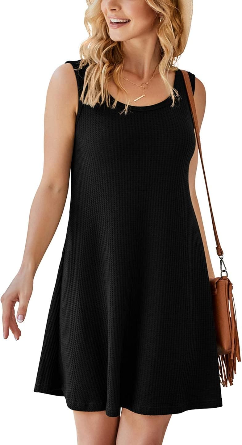 IWOLLENCE Waffle Knit Beach Cover Up Tank Dress for Women Mini Dress Summer Casual Vacation Dress Sleeveless Tunic Dress