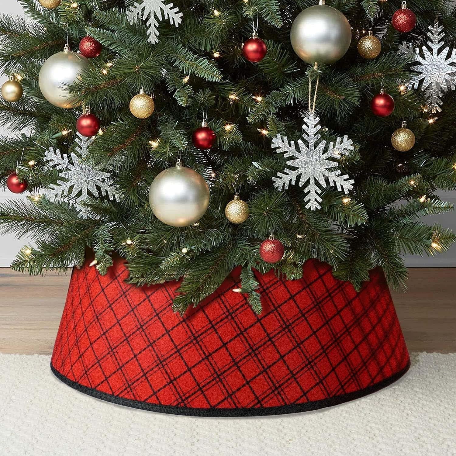 YFDB Christmas Tree Collar 25 Inch, Plaid Tree Skirt, Country Rustic Holiday Indoor Decorations, Red & Black（1PS）