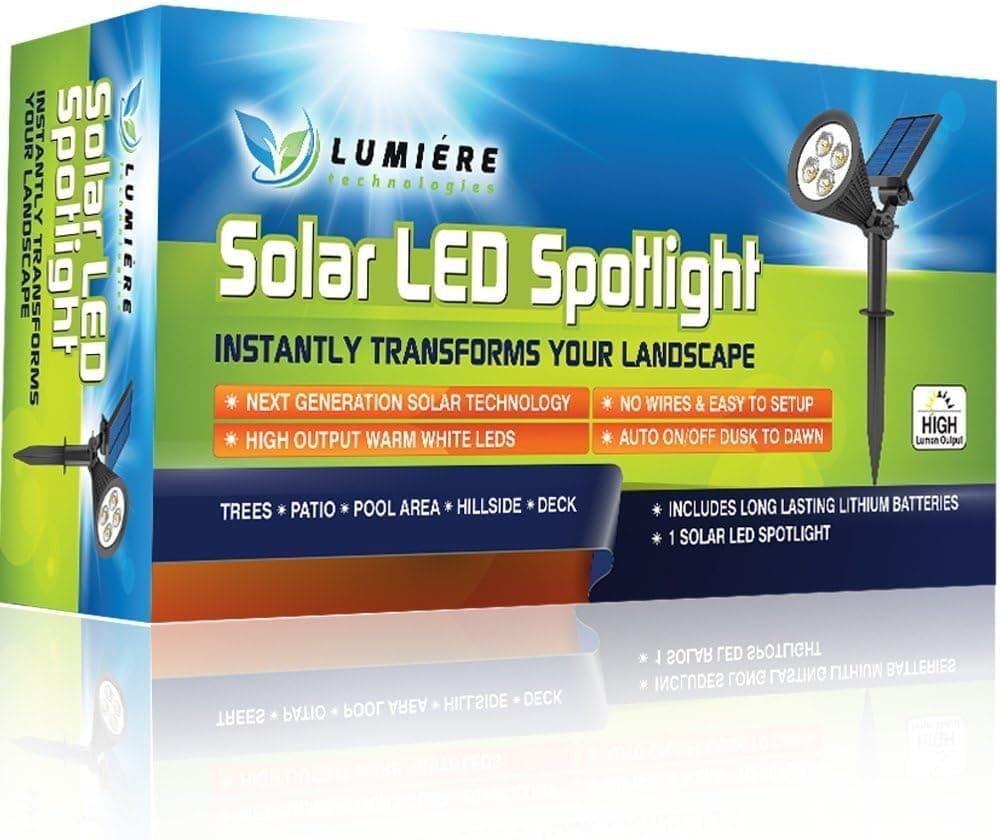 Bright LED Solar Spotlight: True Warm White Color (Not ICY Blue) | Automatic on/Off Sensor | Outdoor Landscape Garden Light for Trees, Bushes, Walls, Accents & Flag | Waterproof & Fully Adjustable