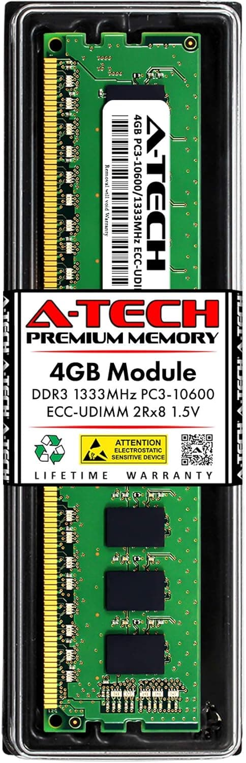 A-Tech 4GB DDR3 1333MHz PC3-10600 CL9 ECC UDIMM 2Rx8 1.5V 240-Pin ECC Unbuffered DIMM Server, Workstation RAM Memory Module