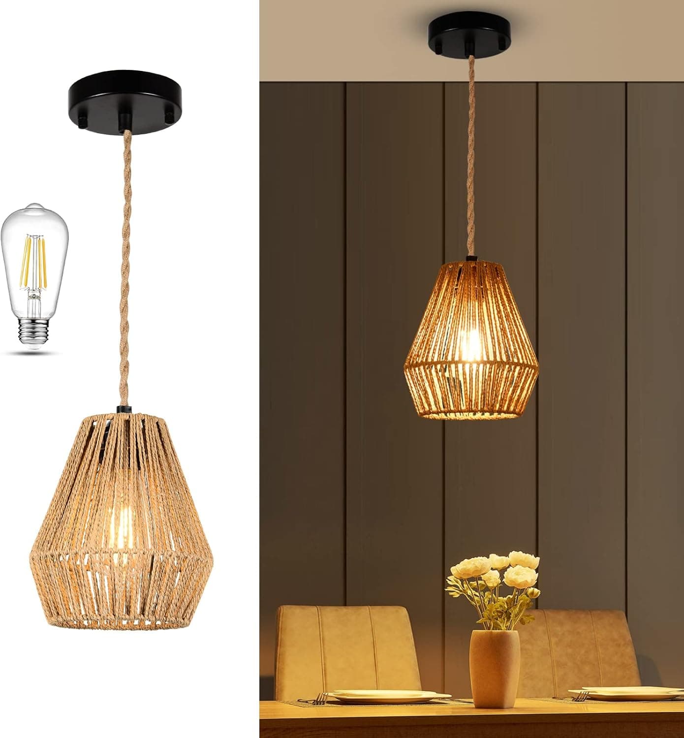 Jobtical Boho Rattan Pendant Lights Fixture，Wicker Chandelier Hanging Light Fixtures with Dimmable LED Bulb,Mini Woven Chandelier Pendant Lamp for Kitchen Island Dining Room Bedroom Living Room