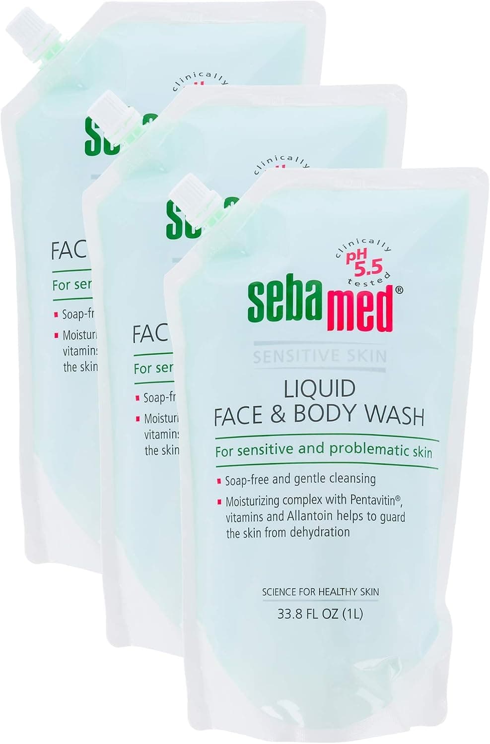 SEBAMED Liquid Face & Body Wash 1 Liter Refill Bag for Sensitive and Delicate Skin pH 5.5 Ultra Mild Dermatologist Recommended Cleanser (33.8 Fluid Ounces Environmental Friendly Pouch) Pack of 3