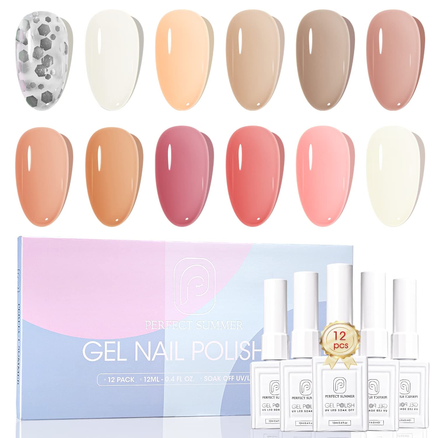 Perfect Summer Jelly Gel Nail Polish Set - Pink Nude 12 Colors Transparent Gel Polish Kit, Soak Off Sheer Jelly Nail Polish for Manicure Salon at Home 12ml