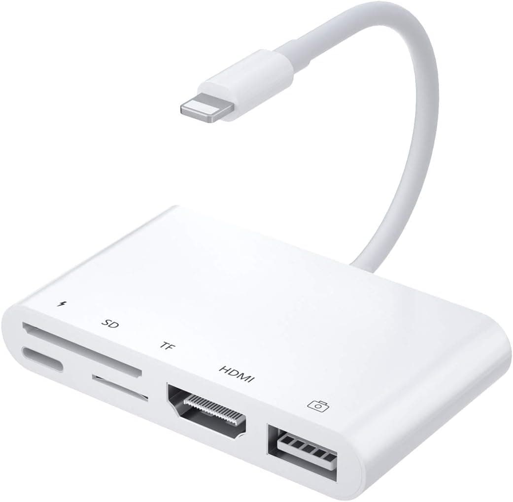 HDMI OTG Digital AV Adapter,5 in 1 Camera Memory Reader HDMI USB Hub with 1080P HDMI Adapter +USB OTG Cable +TF/SD Card Reader and Charging Port for iPhone 12/11/XS/XR/X/8, iPad.