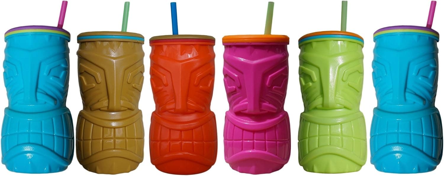 6 Pack Tiki 16oz Totem Pole Tumblers Plastic Drinking Hawaiian Party Cup and Straw BPA Free Plastic Reusable …