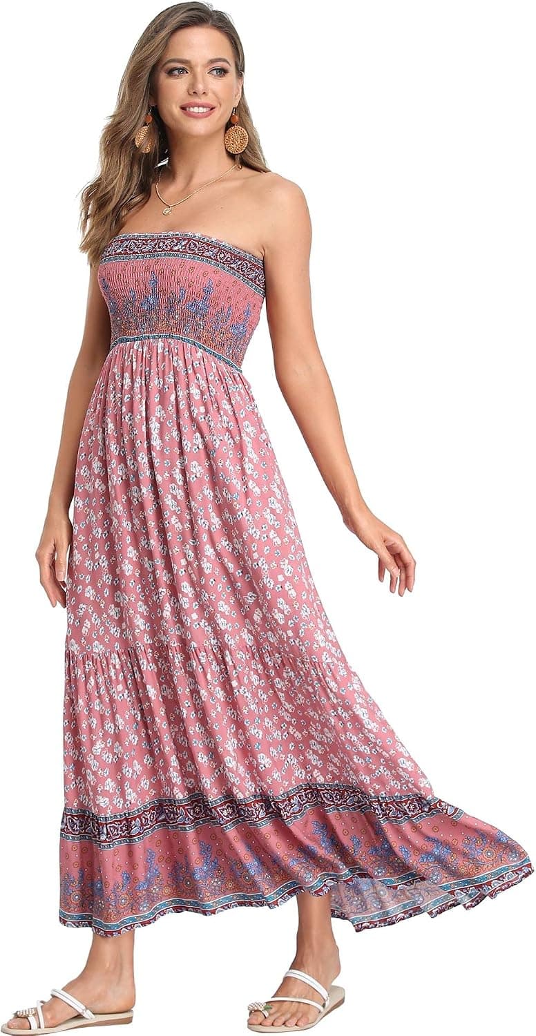 VintageClothing Women's Floral Smocked Tube Top Maxi Dresses Summer Strapless Boho Beach Long Dress