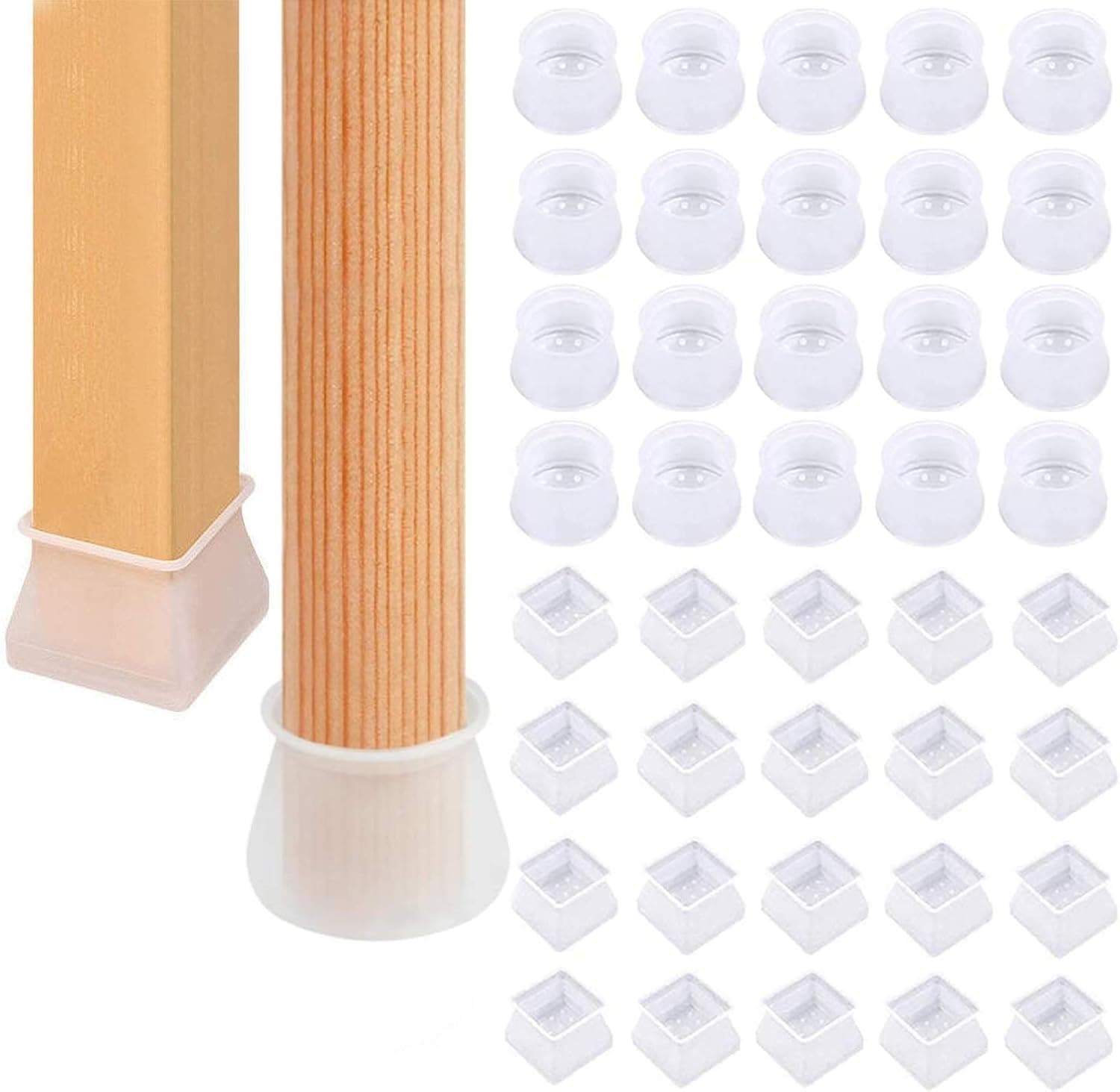 40 Pack Chair Leg Caps Silicone Floor Protector Furniture Table Feet Covers，Anti-Slip Chair Leg Protectors for Hardwood Floors，Furniture Silicon Protection Cover(20round caps+20 Square caps)