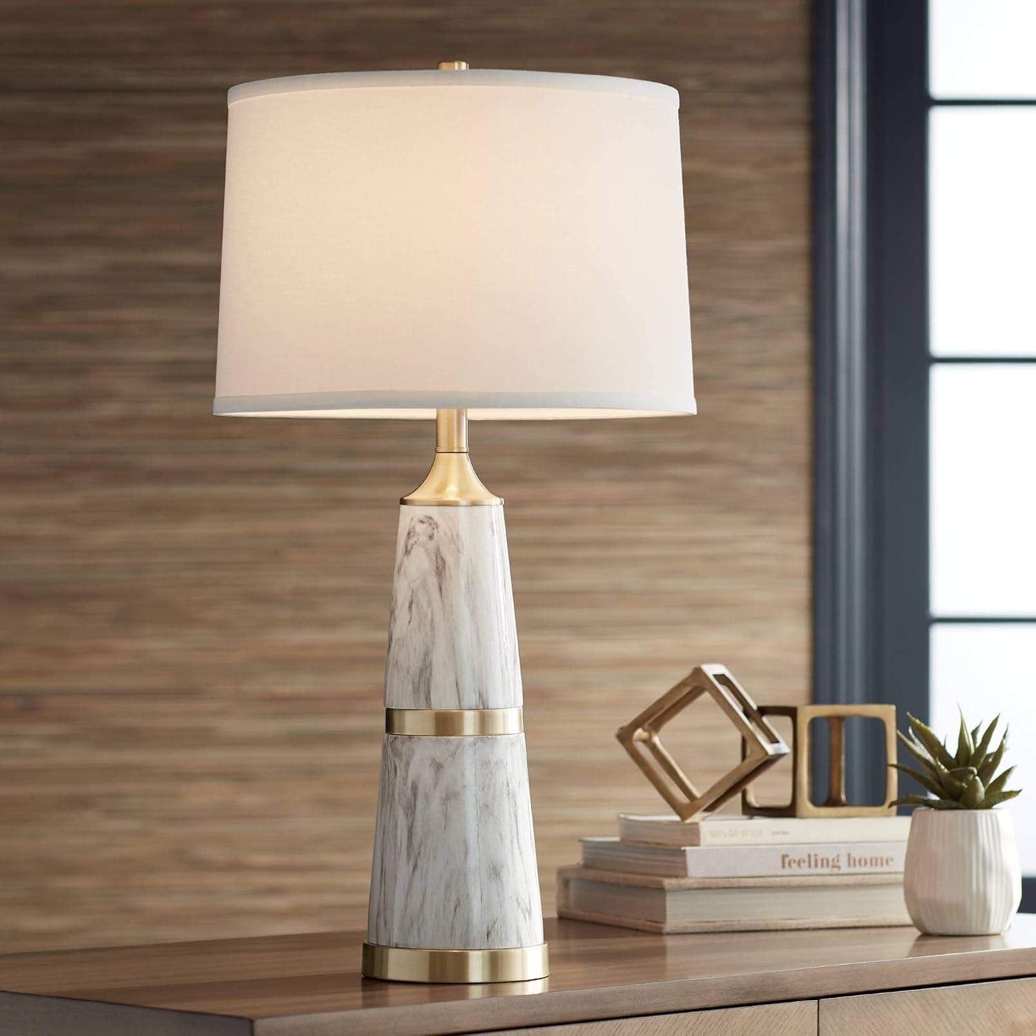 Possini Euro Design Irina Modern Table Lamp 29" Tall White Faux Marble Black Veins Tapering Column Drum Shade Decor for Bedroom Living Room House Home Bedside Nightstand Office Entryway Kids Family