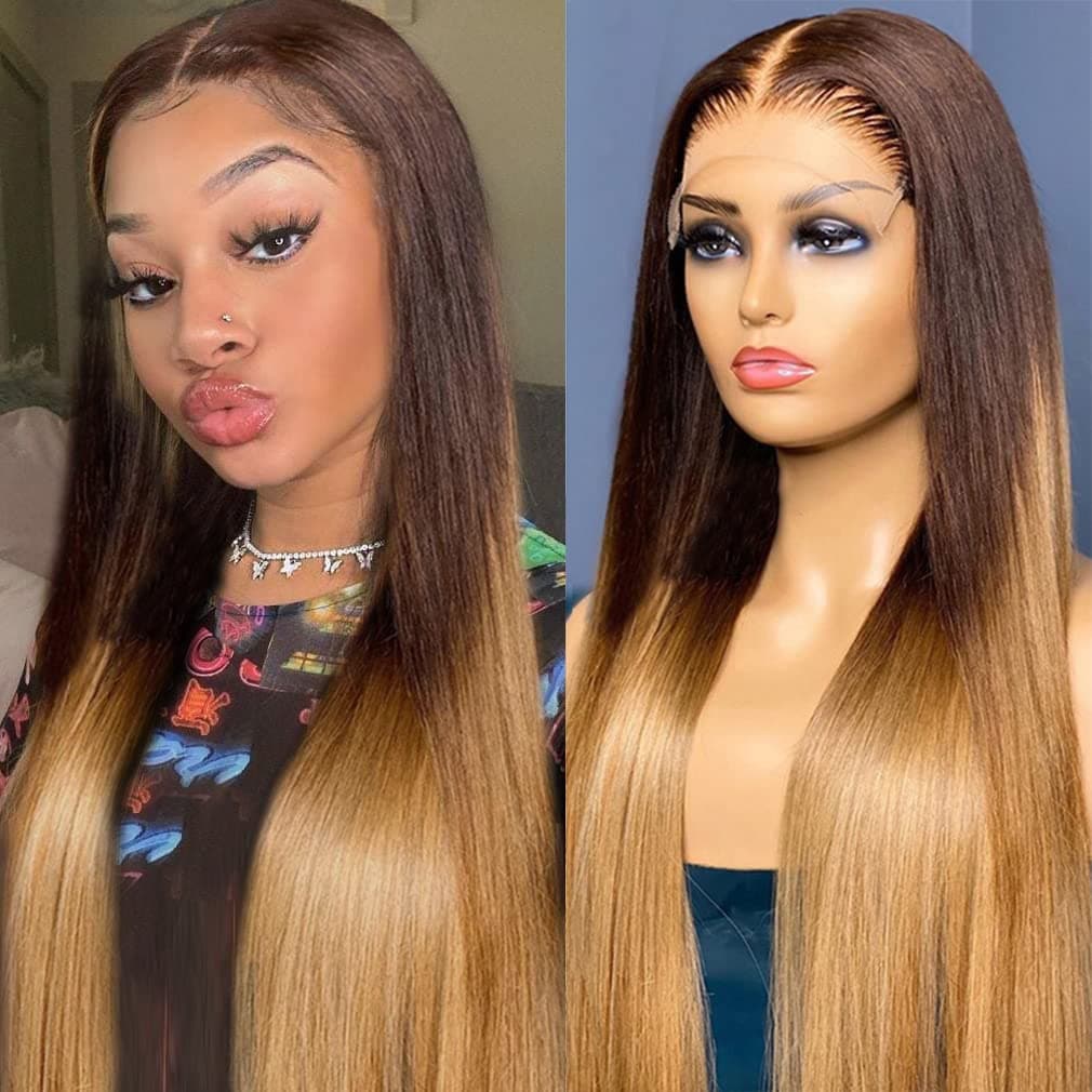 TEMAN ombre lace front wig Honey Blonde Straight Remy Brazilian Human Hair Wigs for Women Middle Part Pre Plucked with Baby Hair 150% Density (14 inch)