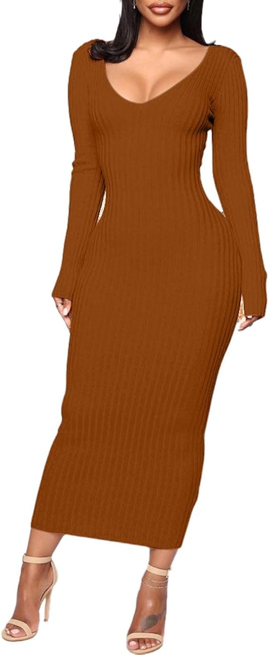 SheKiss Women's Off Shoulder Long Sleeves Bodycon Sweater Dress Sexy Knit Slim Cardigans