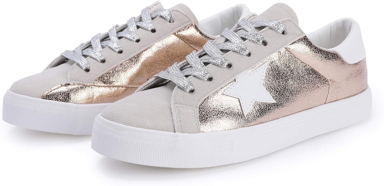 Womens Fashion Star Sneakers Shoes Platform Glitter Sparkle Comfort Lace Up Flats, Fit Small