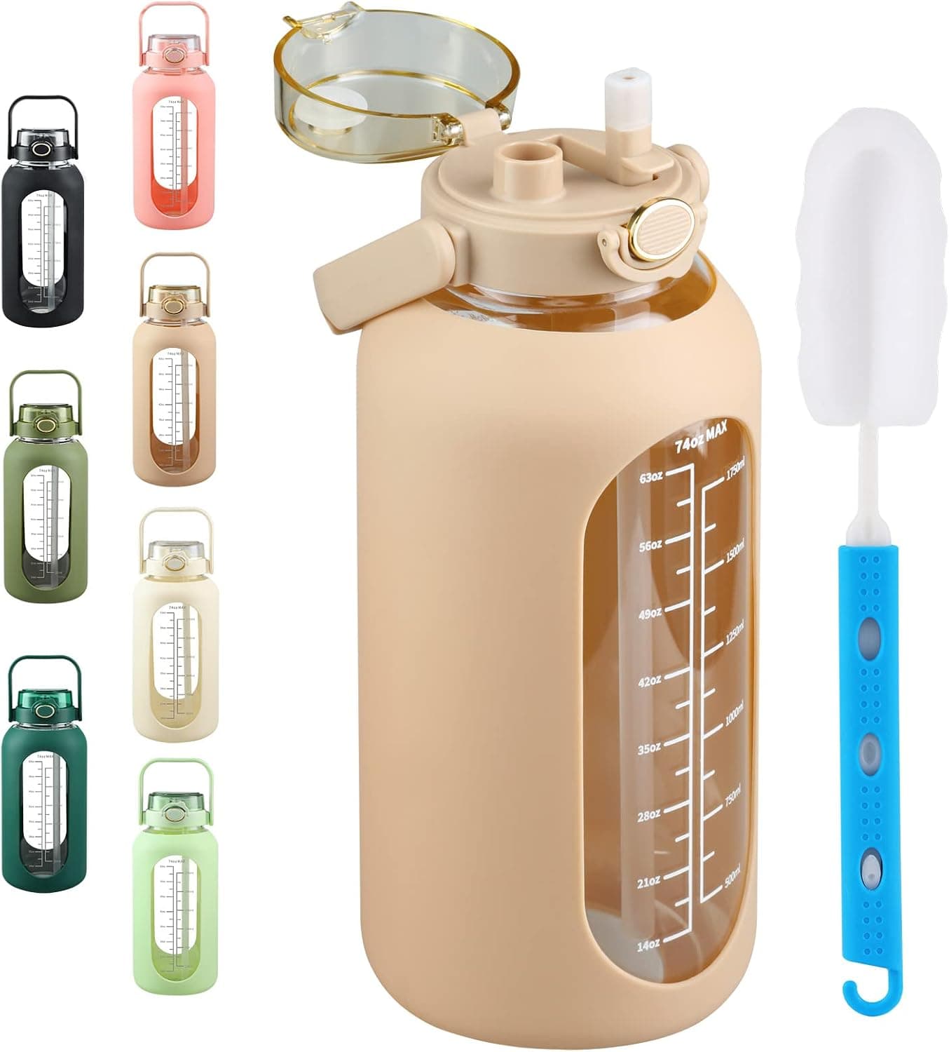 SIEROZUR 74oz Glass Water Bottle with Straw and Handle Lid 2.2L Large Half Gallon Motivational Bottle with Silicone Sleeve and Time Marker Large Reusable Sports Water Jug for Gym Home Workout