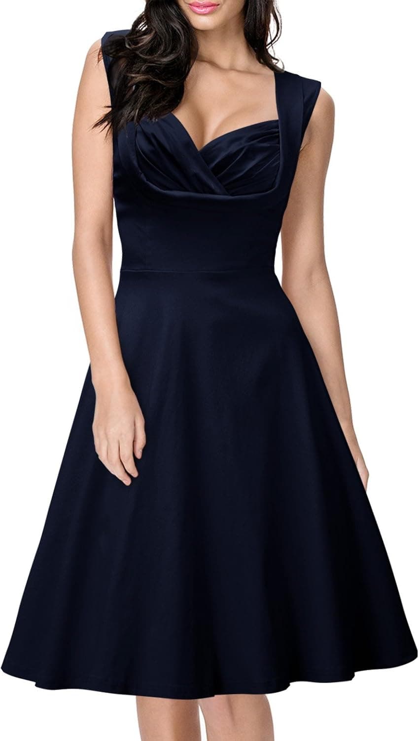 Miusol Women's Cut Out V-Neck Vintage Casual 1950'S Retro Bridesmaid Dress (Medium, Navy Blue)
