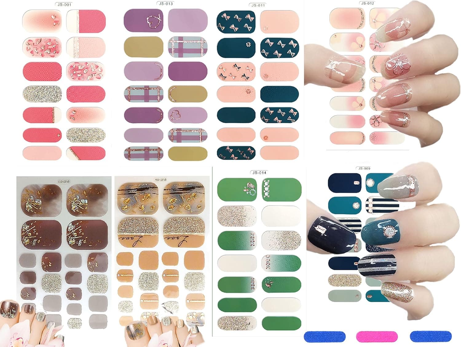 ACOCPOL 6+2 Set All-Inclusive Nail Stickers, 3D Bronzing Imitation Diamond Nail Stickers, Waterproof and Durable, Full-Stick Glitter Nail Polish Film (Set B)