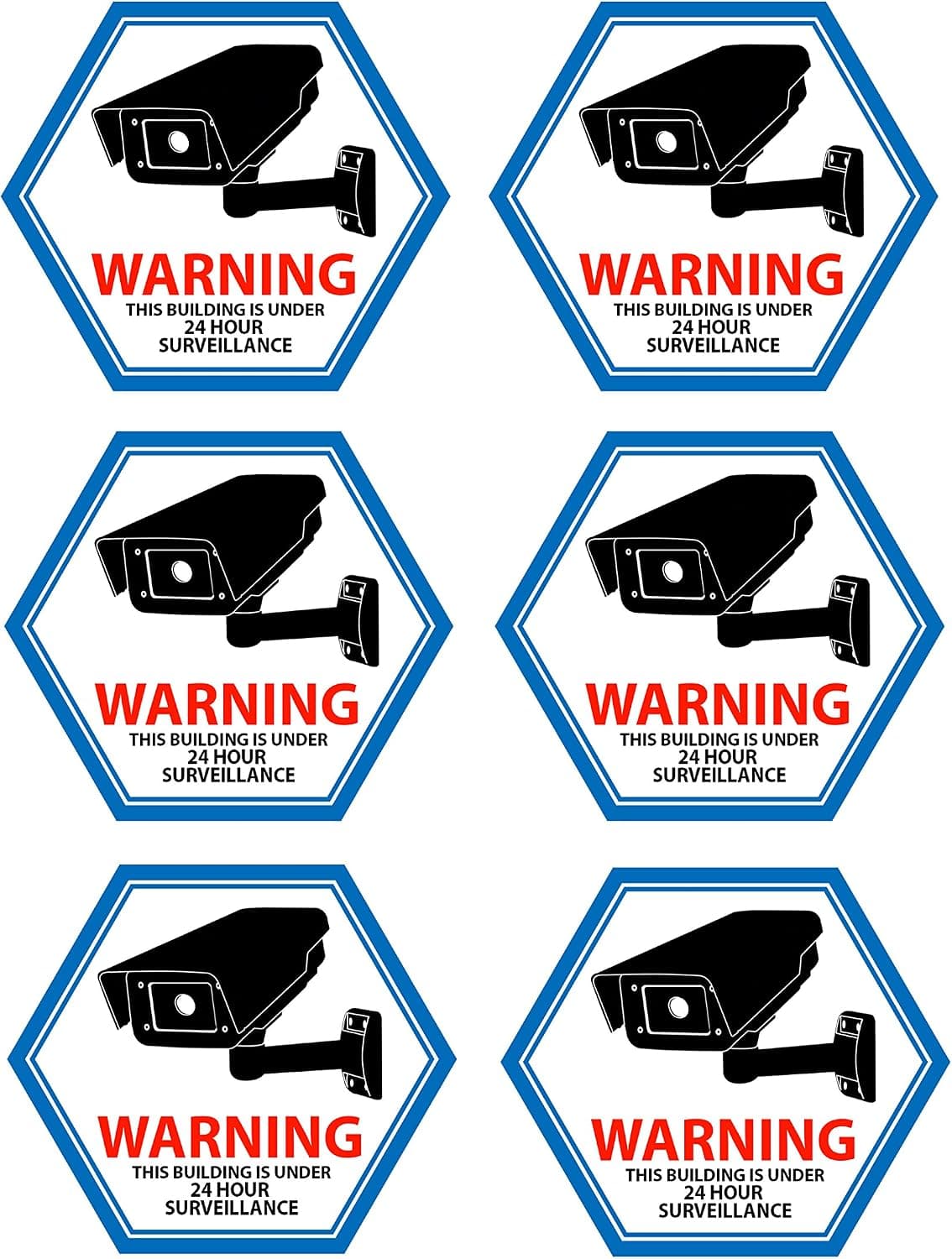 Mandala Crafts 6 PCs Blue Hexagon Back Adhesive Security Camera Decal 24-Hour Video Surveillance Recording Warning Window Stickers for Indoors or Outdoors