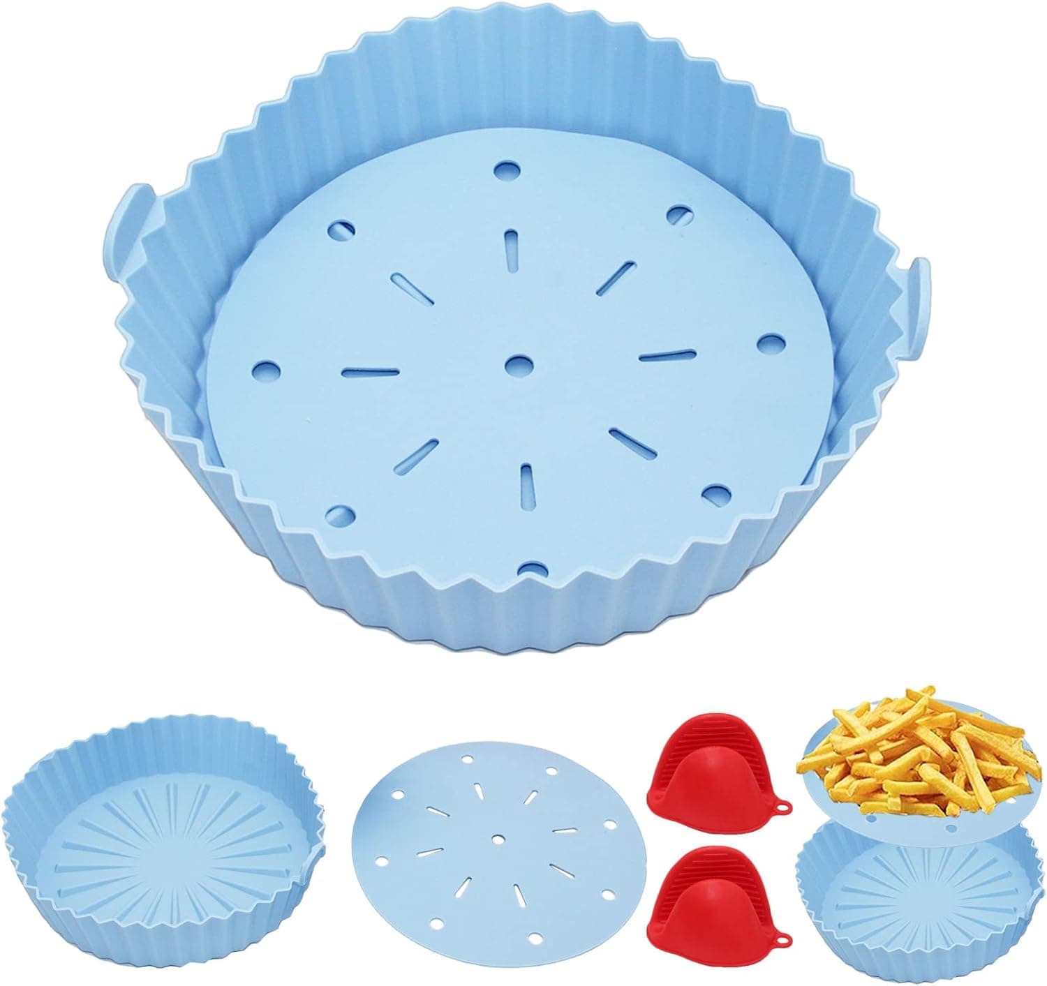 10 inch Round Silicone Air Fryer Liners by STHCHUN,Air Fryer Accessories for 5-7QTwith Silicone Mat and Heat-proof Gloves,Easy Cleaning Food Safe Air Fryer Silicone Liners Baskets (Blue)