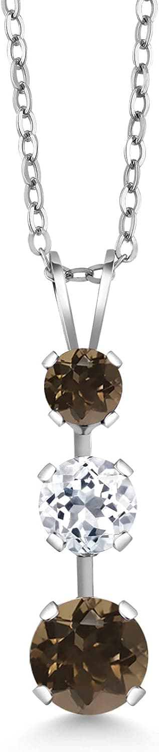 Gem Stone King 925 Sterling Silver Round Brown Smoky Quartz and White Topaz 3 Stone Pendant Necklace For Women (1.56 Cttw, with 18 Inch Chain)