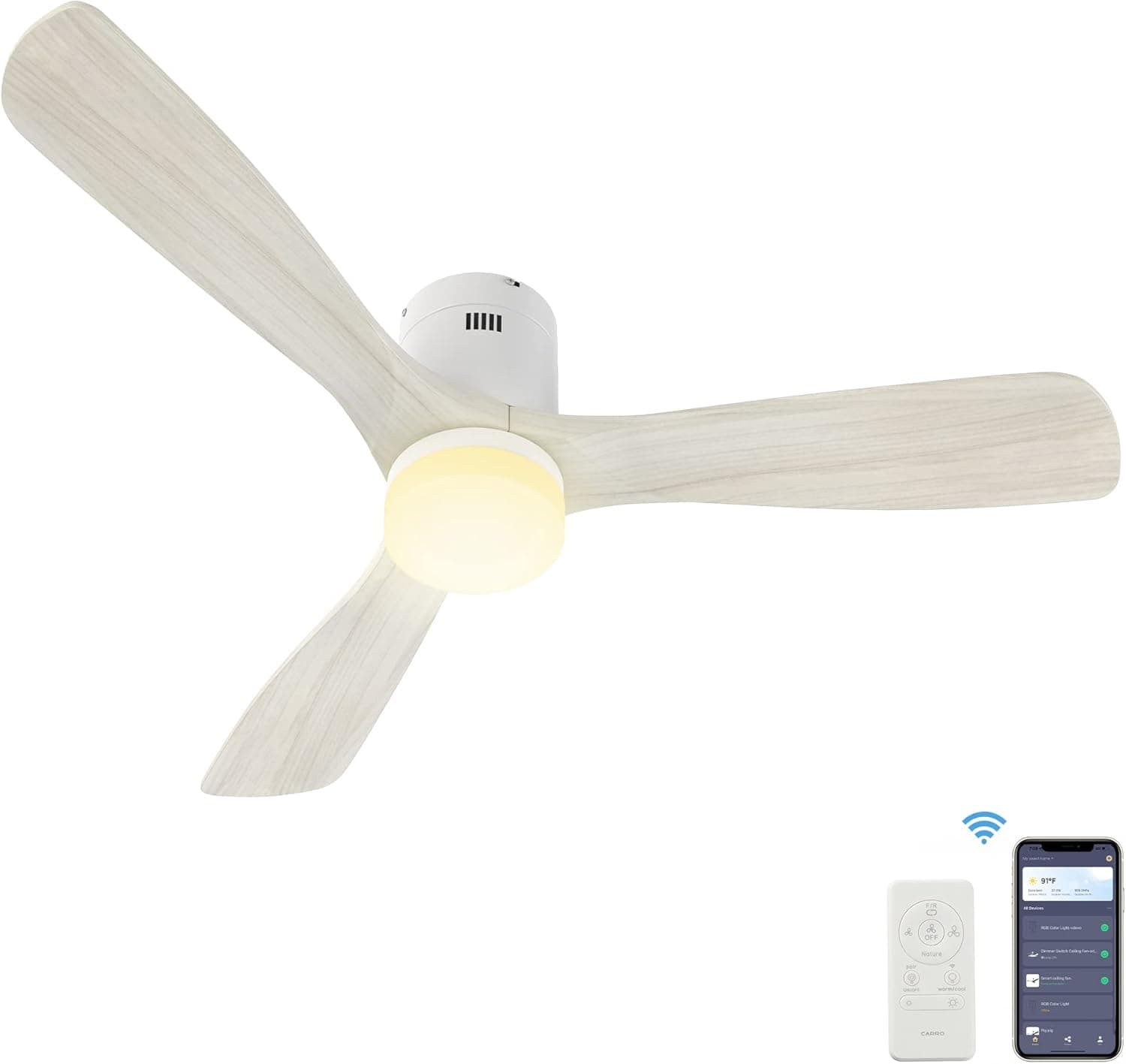52 Inch Flush Mount Smart Ceiling Fan with Dimmable Led Light, 3 Carved Wood Blades Modern Low Profile Ceiling Fans Compatible with Alexa,Remote Control,Timer & Schedule Function,White