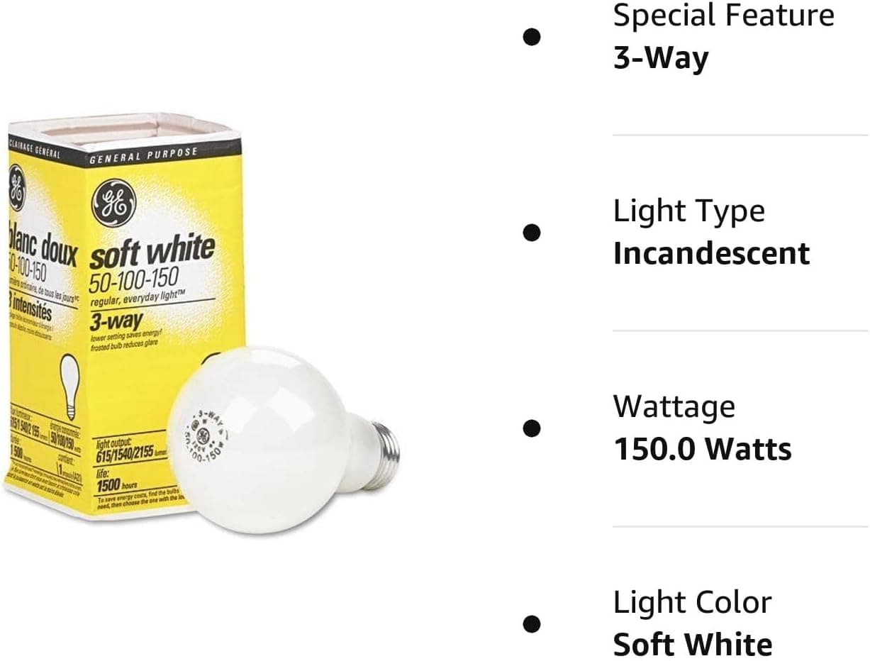 GE 3-Way Soft White Incandescent Bulb, 50/100/150 Watts, 12-Pack