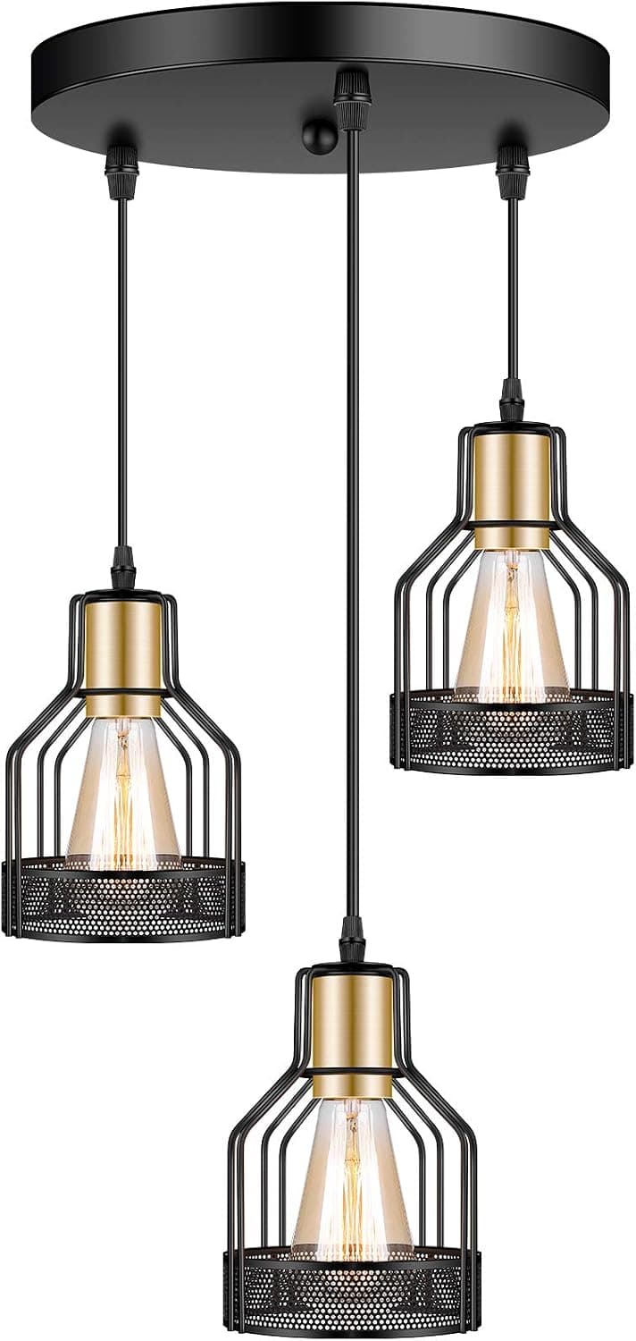 3-Light Industrial Pendant Lighting, Adjustable Vintage Hanging Ceiling Light Fixtures，Farmhouse Rustic Pendant Light with Metal Caged for Kitchen Island Dining Room Hallway Hotel Bar, Black&Brass-E26