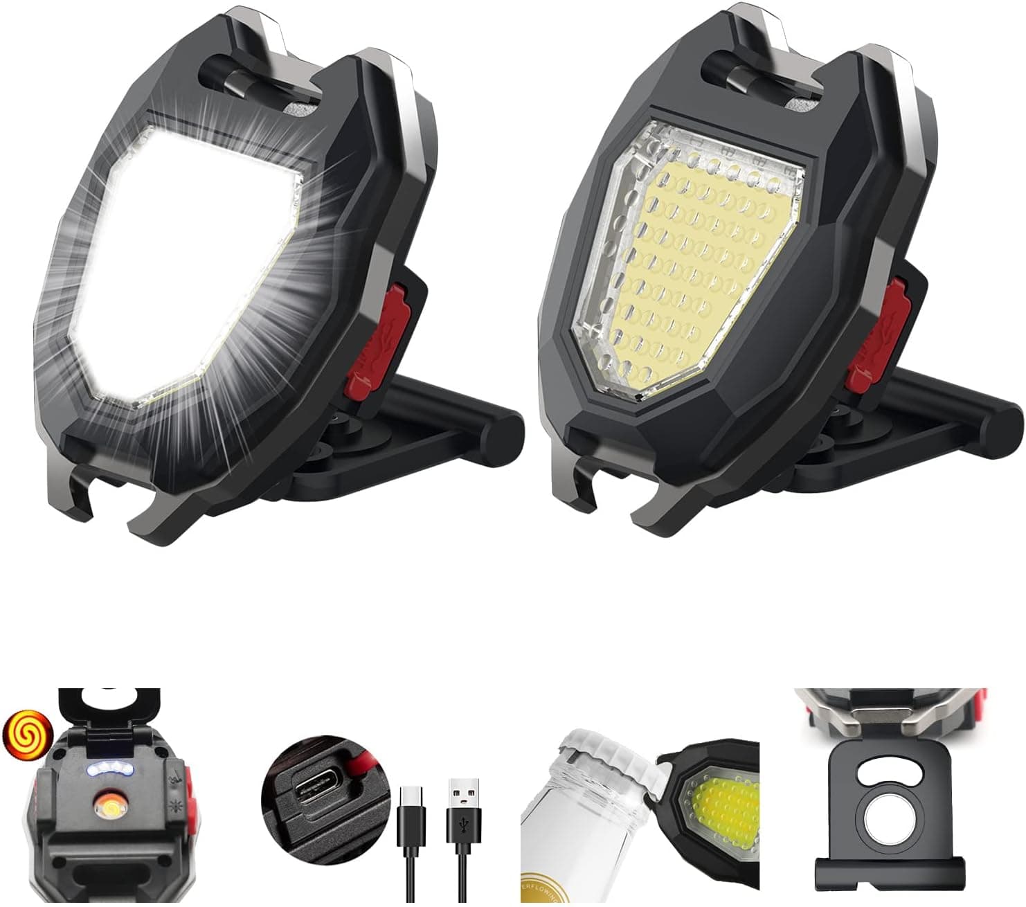 2 Pack LED COB Small Flashlight with Lighter, Max 1200 Lumens Super Bright 7 Light Modes Light ,with Magnet Base and Folding Bracket Bottle Opener, for Camping Fishing Hiking and Emergency Lighting