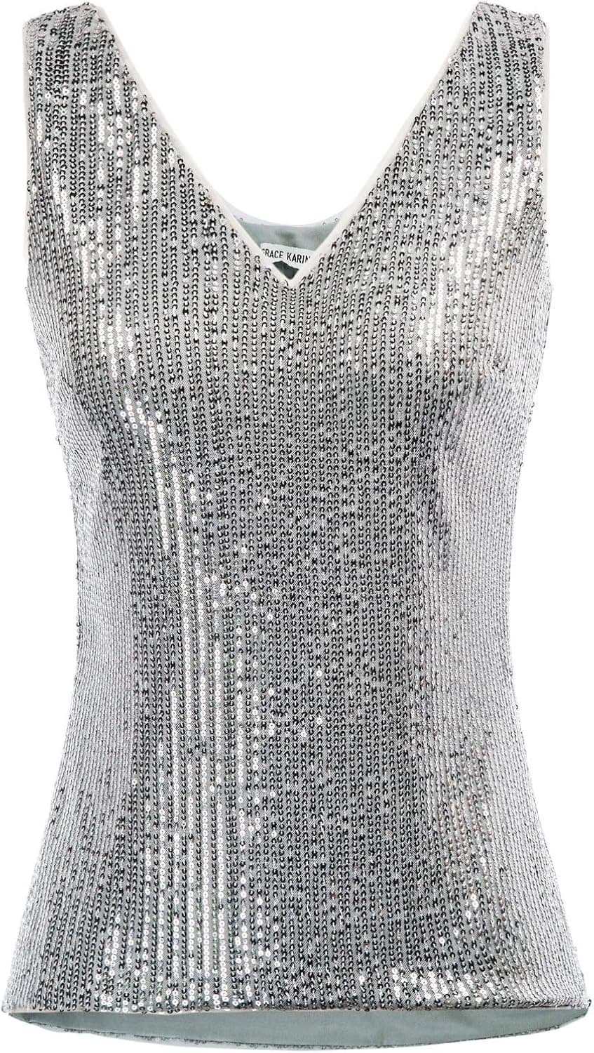 GRACE KARIN Women's Sleeveless Sequin Camisole Vest Glitter Shimmer Tank Tops Grey 2XL