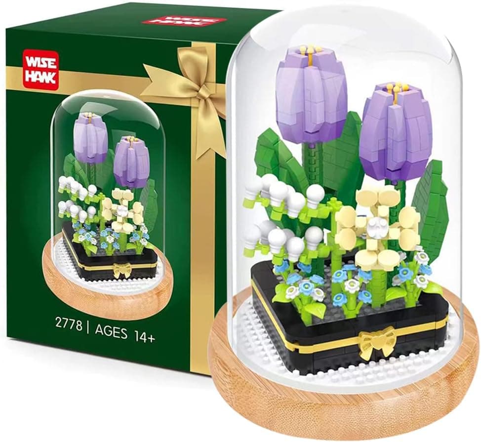Tooylaa Creative DIY Plant Bouquet Brick，Violet Tulip Immortal Flower Building Blocks with a Transparent Display Cover, Exquisite Decorated Flower Set, Gifts for Kids Women Girlfriends(531Pcs)