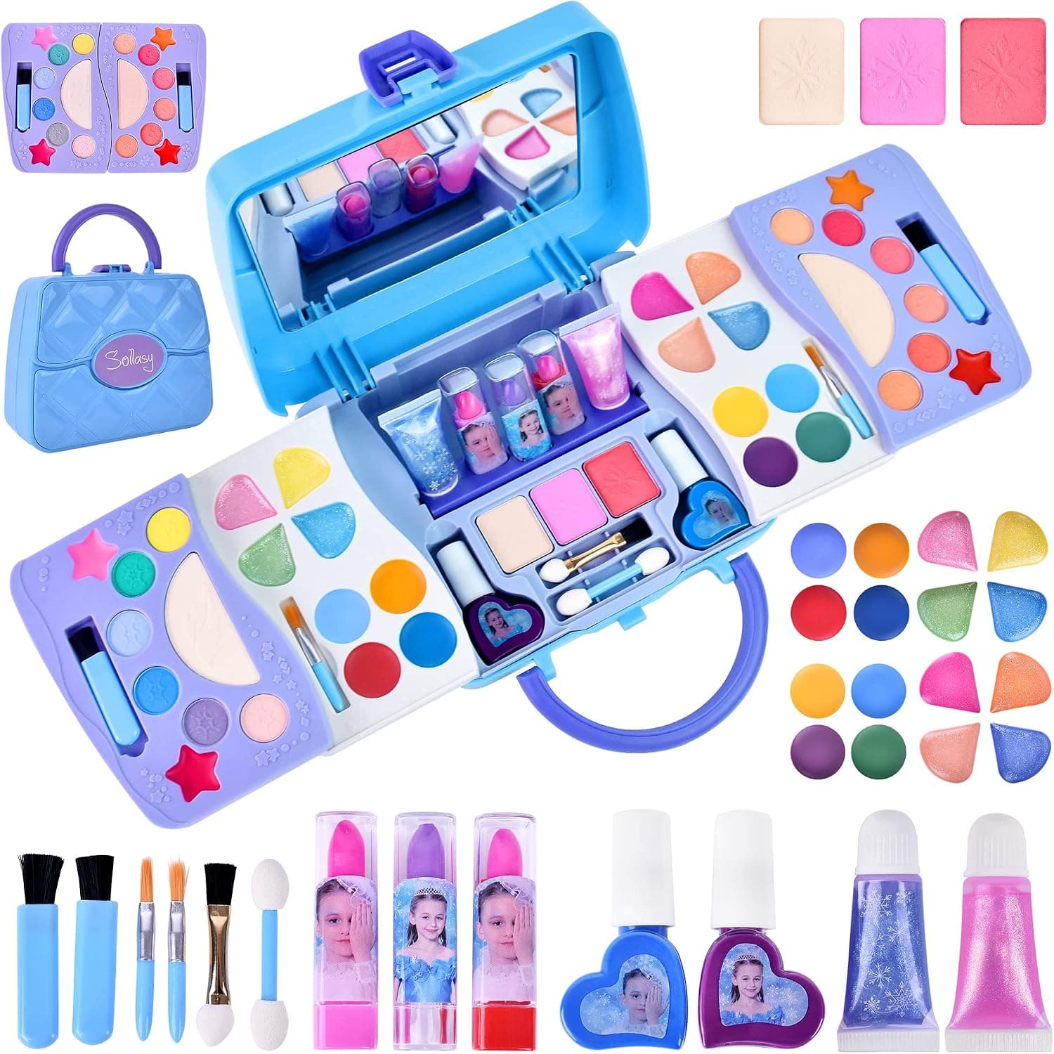 SOLLASY Kids Makeup Kit for Girl Kids Toys Makeup for Kids 50PCS Play Makeup Set Washable Cosmetic Non-Toxic Toddlers Pretend Frozen Makeup Birthday Gifts for Age 3 4 5 6 7 8 9 10 11 12 Years Old
