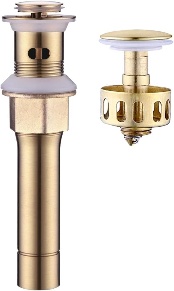 Bathroom Sink Drain with Overflow, Brushed Gold Sink Drain for Bathroom Sink, Universal Stainless Steel Gold Sink Drain, Pop Up Drain Stopper with Detachable Basket
