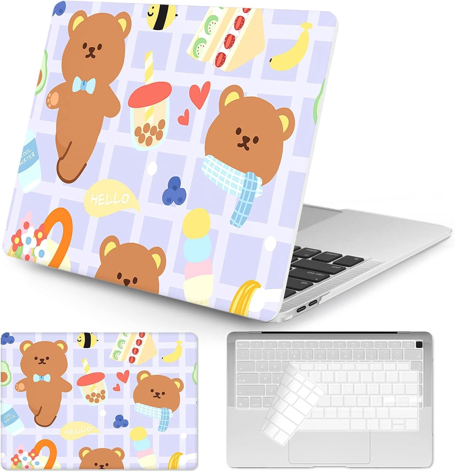 Seorsok Compatible with MacBook Air 13 Inch Case 2020 2019 2018 Release A1932 A2179 M1 A2337 Touch ID,Cute Bear&Rabbit&Dinosaur Cartoon Pattern Plastic Hard Shell Case with Keyboard Cover