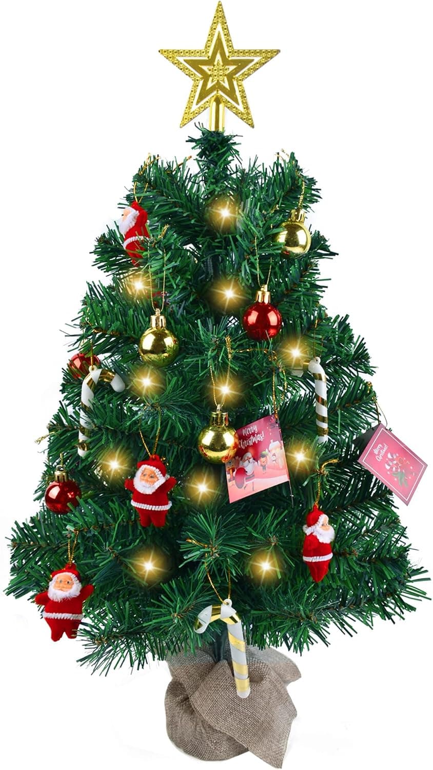 Stcomart Mini Artificial Christmas Tree with Lights and Ornaments, Small Tabletop Xmas Tree, 24 Inch