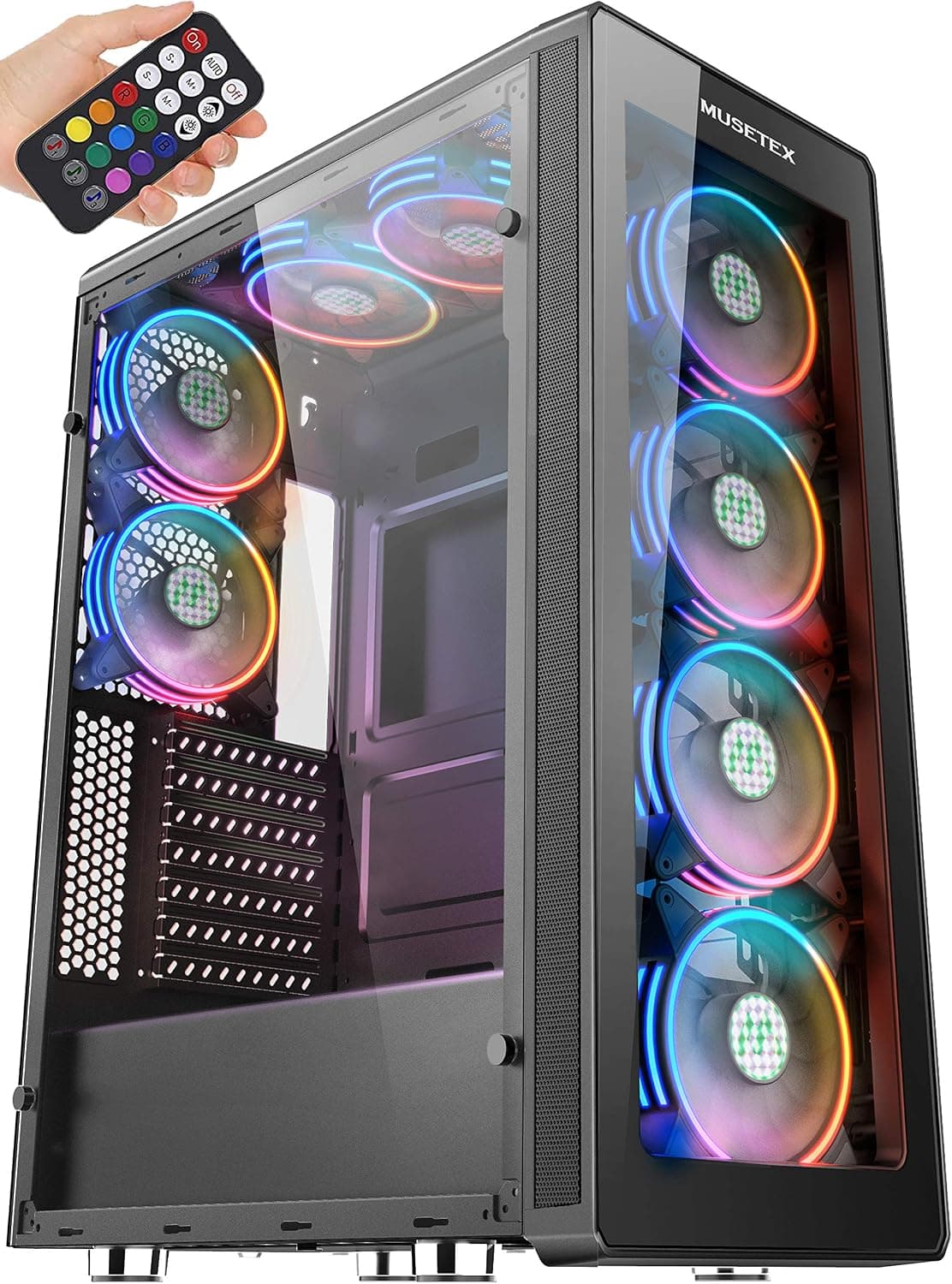MUSETEX 8 PCS x ARGB Fans ATX Mid-Tower Computer Case with Remote Control & 2 PCS x USB 3.0 Ports Tempered Glass Panels Gaming PC Case Computer Chassis（T400-MS8）