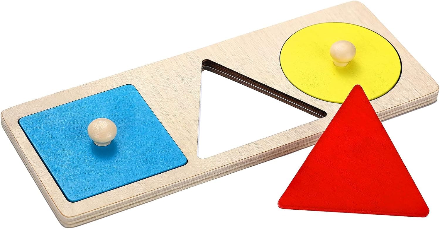 Peekaboo Knob Puzzle Montessori Toy Preschool Learning Material Sensorial Toy Wooden Geometric Shape Puzzle for Color Sorter Learning, 3 Pieces