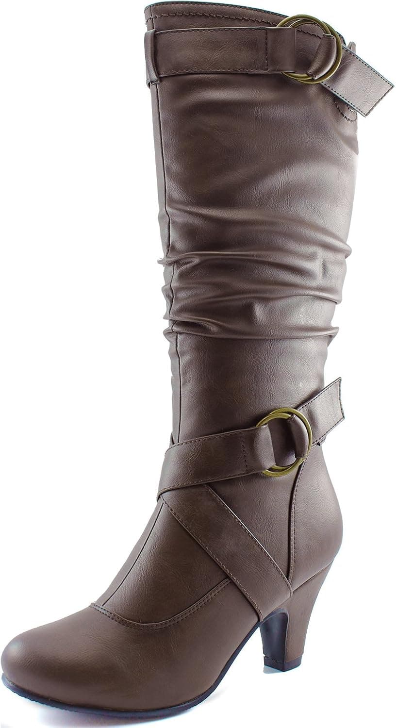 Dailyshoes Women's Slouchy Mid Calf Strappy Boots with Ankle and Top Straps - 2" Heel Fashion Boots,8.5 B(M) US,brown pu