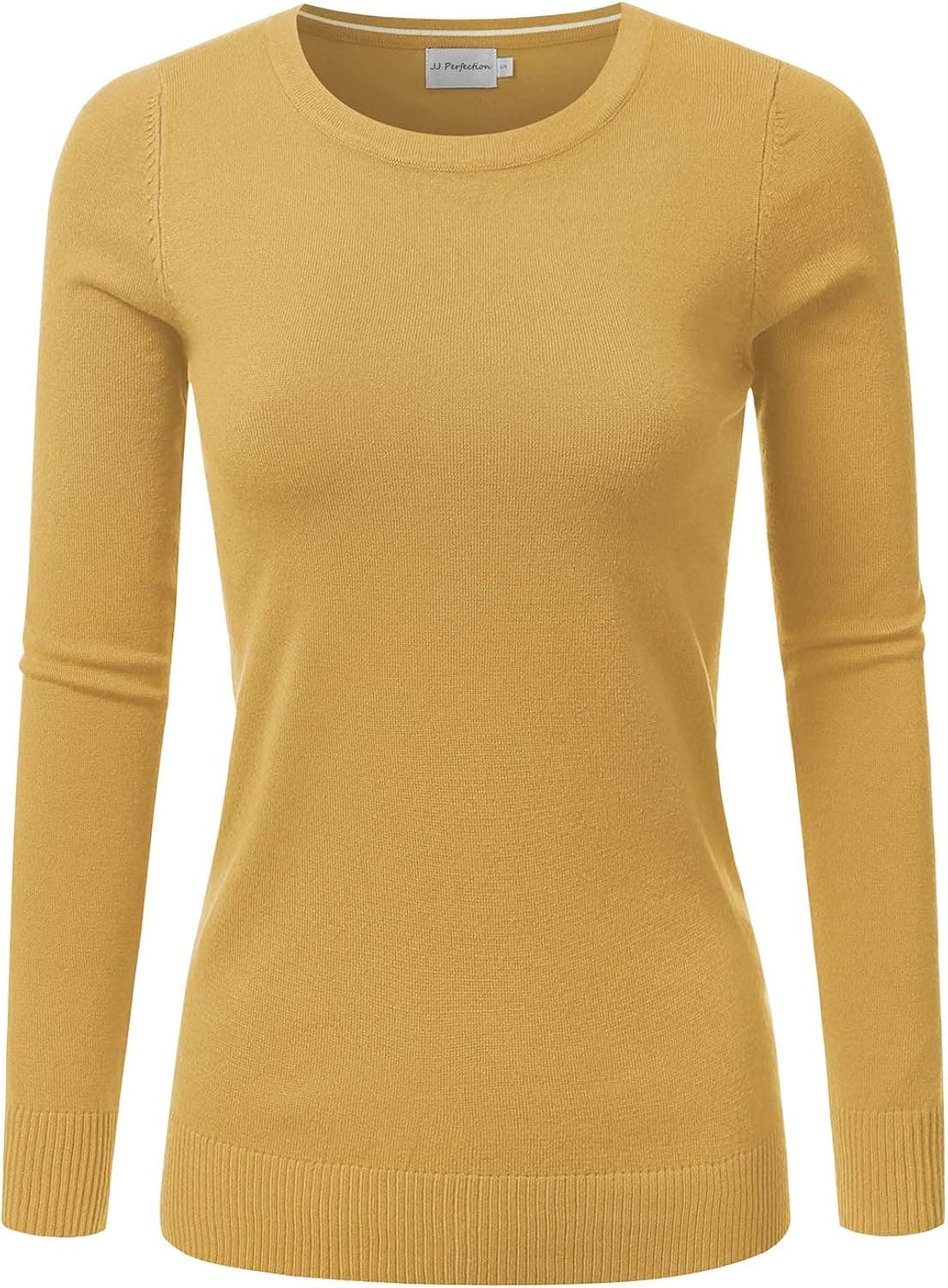 JJ Perfection Women's Simple Crew Neck Pullover Chic Soft Sweater Mustard L