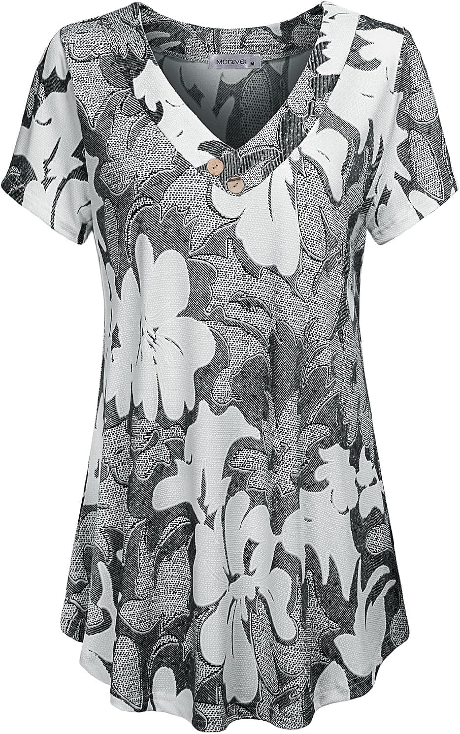 MOQIVGI Womens V Neck Short Sleeve Floral Print Blouse Tops Fashion Casual Tunic Shirts