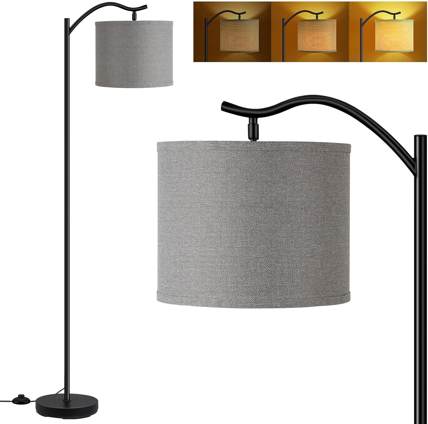 Floor Lamp for Living Room,15W LED Arched Floor Lamp,Tall Modern Standing Lamp with Linen Shade,3 Brightness Levels,E26 Socket, Footswitch, Mid Century Floor Lamp for Bedrooms,Office,Gray Linen Shade