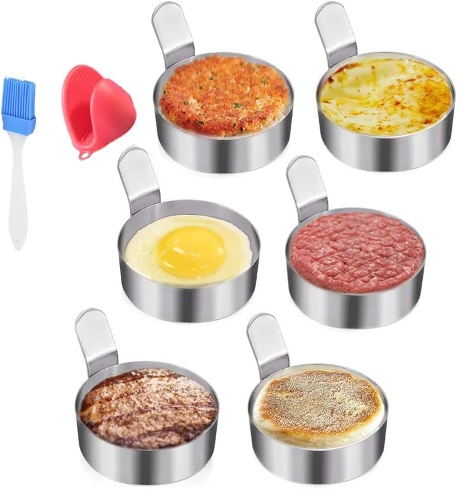 Egg Ring Stainless Steel Omelet Mold Non Stick Cooking Pancake Ring Cooking Tool（3 Inch, 6pack） with 1 Free Oven Glove and 1 Free Oil Bottle Brush.