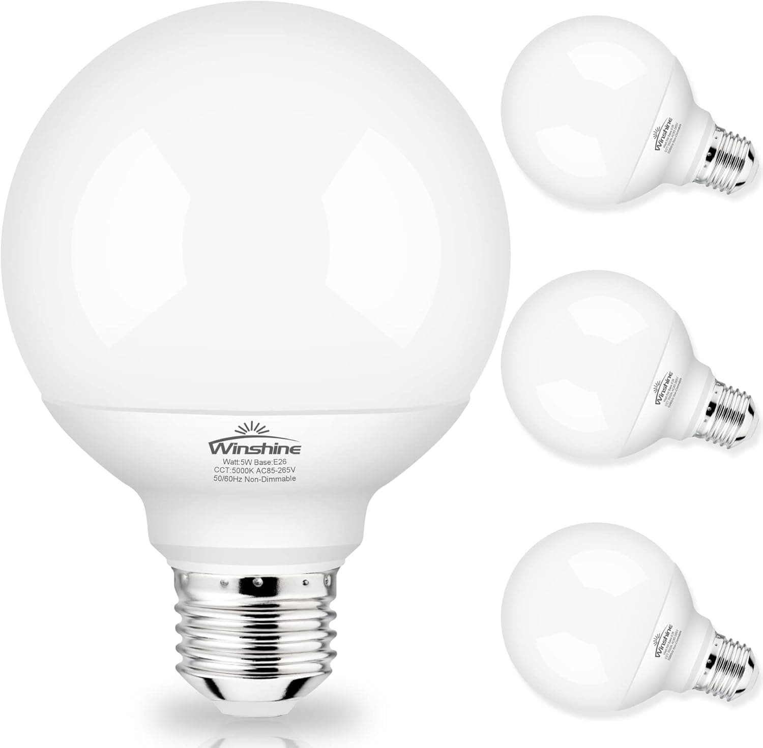 winshine G25 LED Globe Light Bulbs, 5000K Daylight Vanity Mirror Light Bulbs for Bathroom E26 Medium Screw Base 60W Equivalent, Bedroom Vanity Makeup Mirror Lights Non-dimmable,Pack of 4