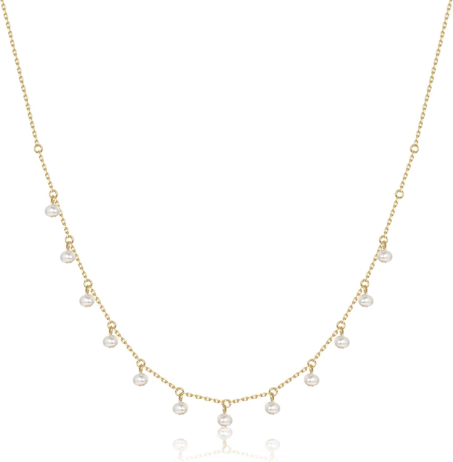 BLOSSOM & HUE Delicate Hanging Pearl Station Necklace | 18K Gold Plated 925 Sterling Silver | Dainty Vegan Pearl Drop Charm Choker Ajustable | Minimalist Layering Jewelry | Gift for Her