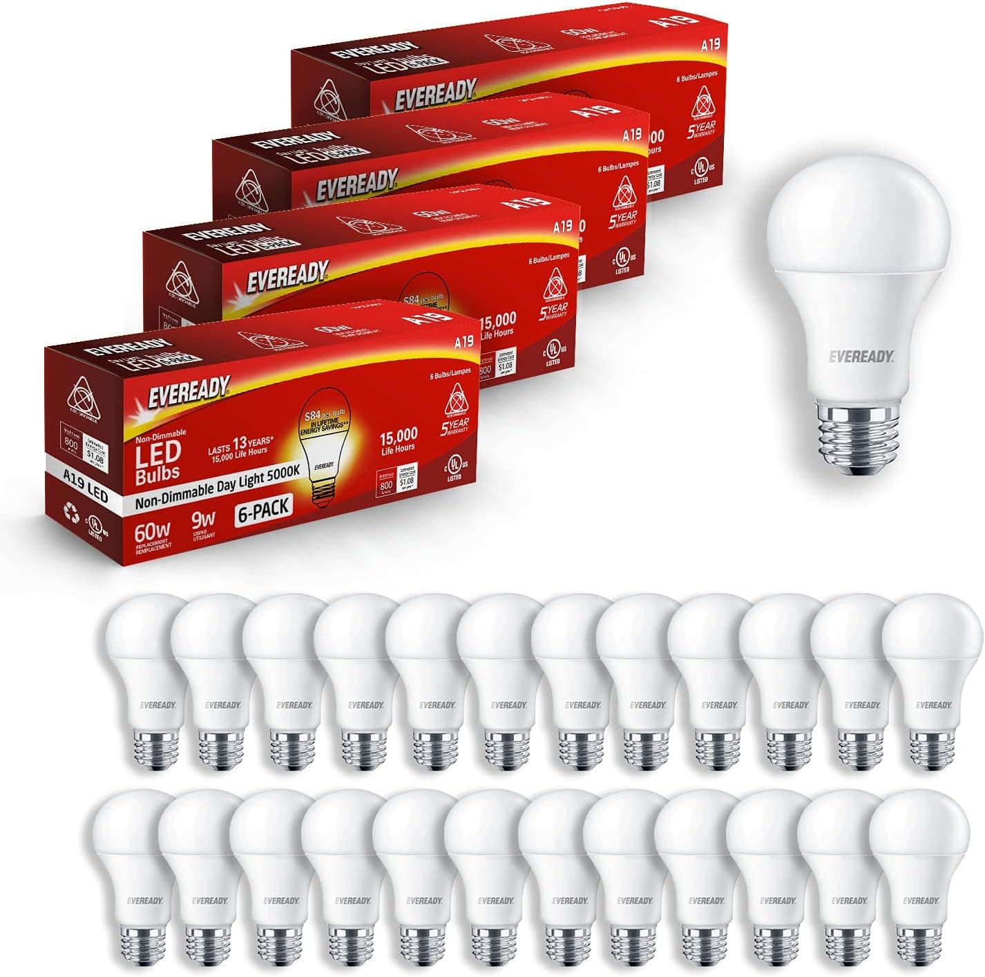Eveready Led Light Bulbs, Non-Dimmable, 60 Watt Equivalent Light Bulbs (9W Led Bulb), 800 Lumens, 5000K Daylight Color, A19, E26 Base Led Replacement for Halogen Bulb, UL Listed - 24 Pack