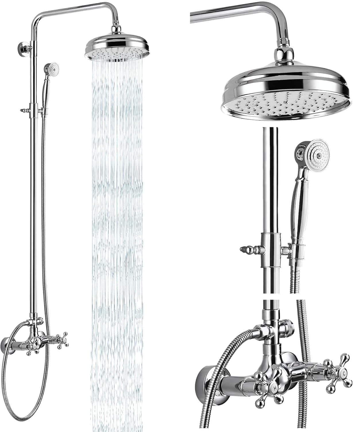 Bathroom Shower Faucet Set Polish Chrome 8 Inch Head Rainfall Shower Fixture Handheld Spray 2 Functions Double Cross Handle Wall Mount Mixer System