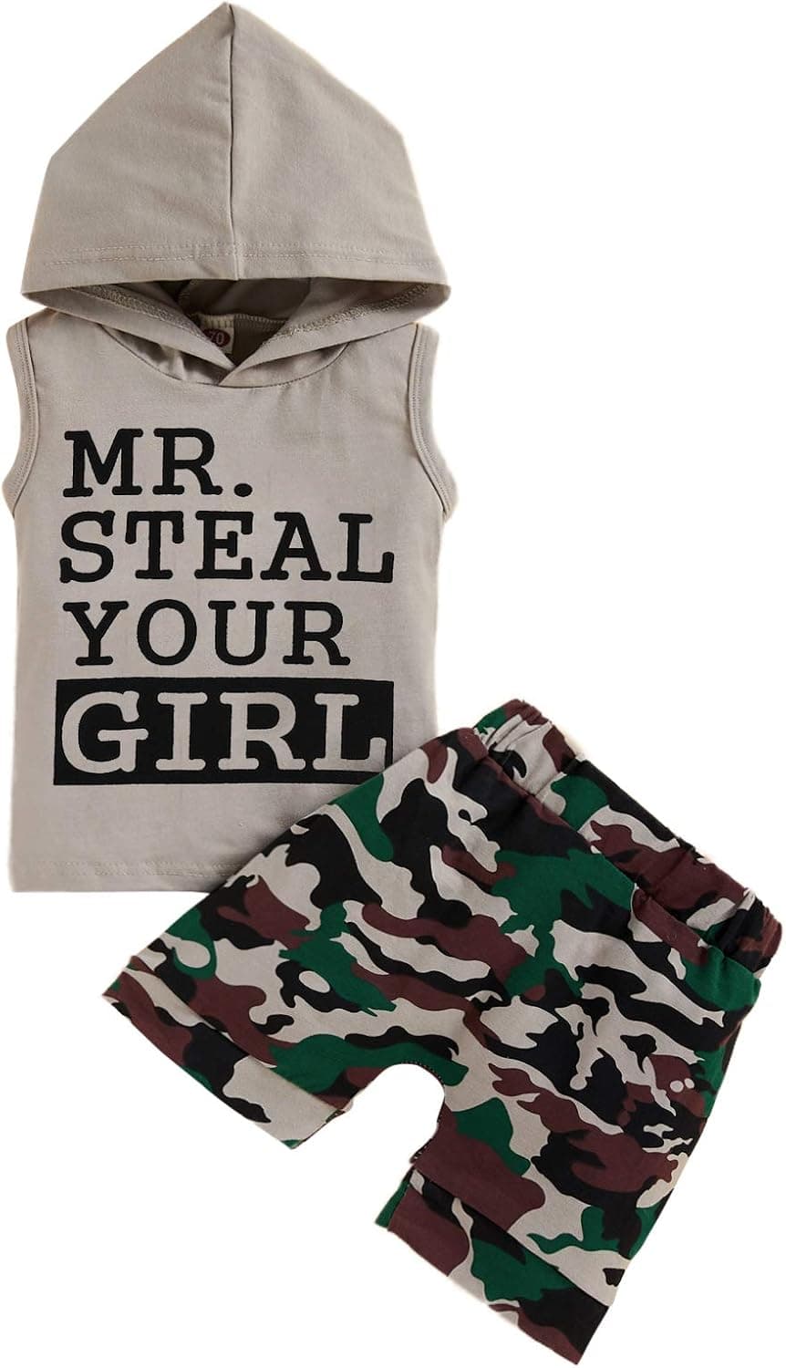 Baby Boys Camouflage Short Set Sleeveless Hoodie Tank T-Shirt+Camo Pants Summer Clothes (Grey-B, 5-6X)
