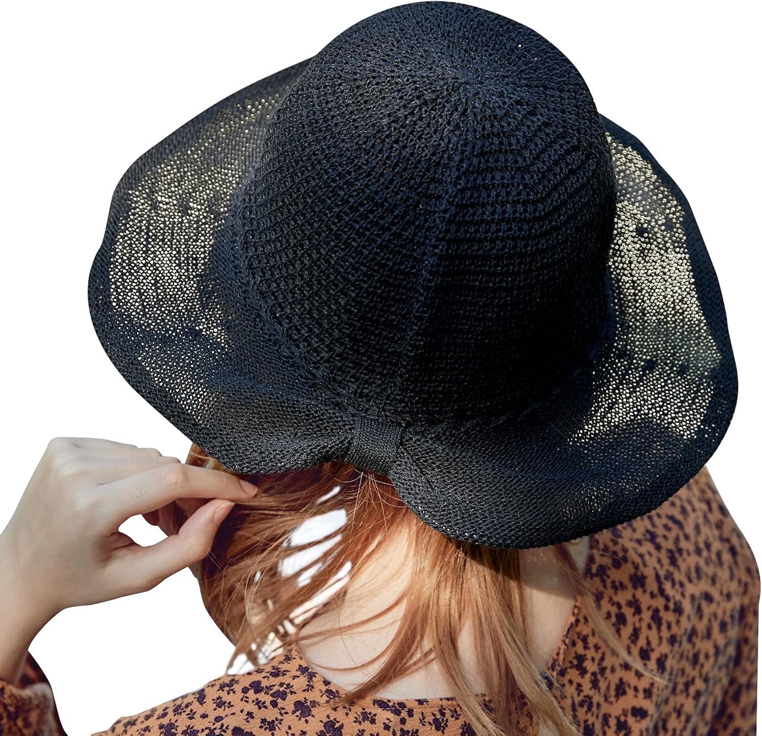 accsa Women Sun Hat Fedora Straw Bucket Hat Foldable Summer UPF30+ Sun Protection Black