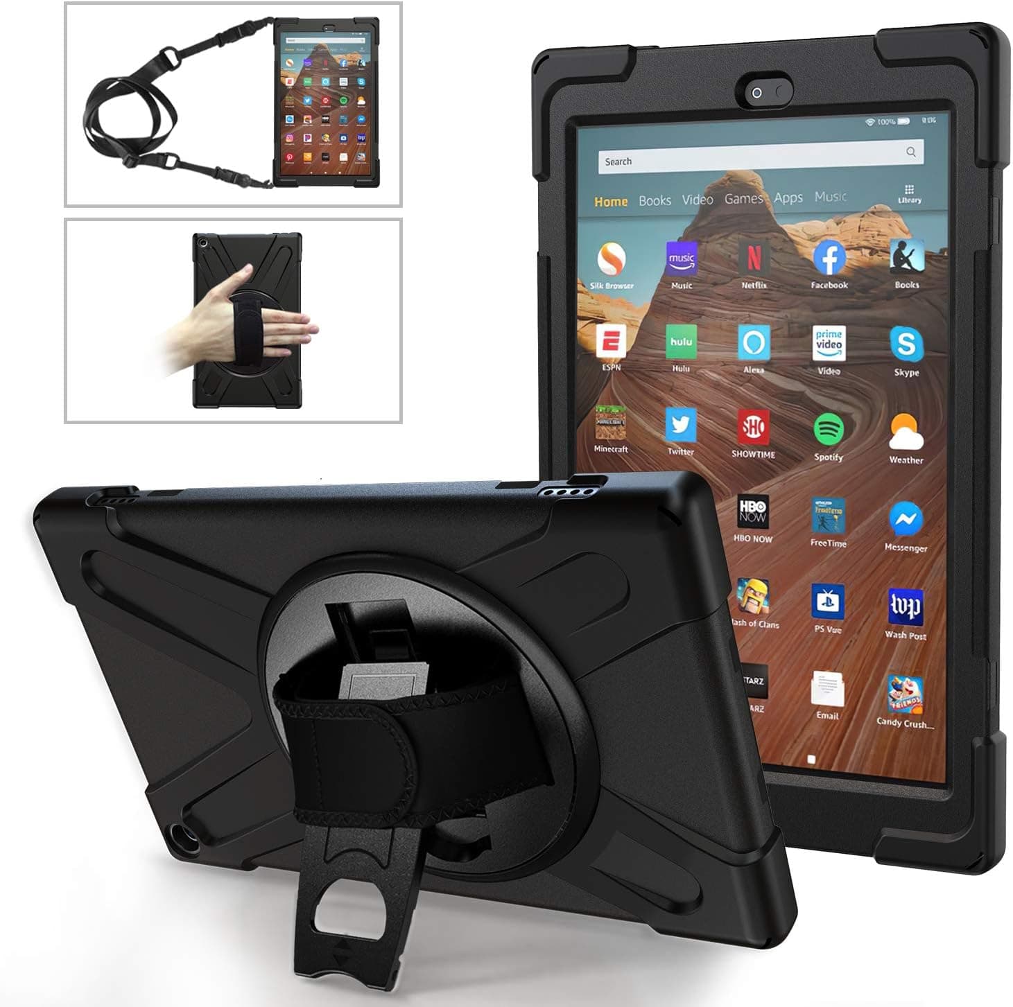 MoKo Case for Amazon Fire HD 10 Tablet (7th and 9th Generation, 2017 and 2019 Release) 10”, Full-Body Back Cover 360 Degree Rotating Kickstand Shell with Shoulder Strap and Hand Strap - Black