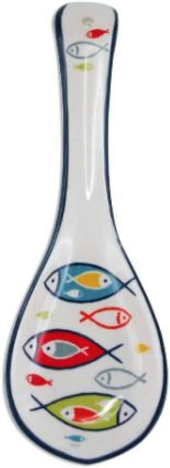 Ceramic Spoon Rest Featuring Colorful Fish Design, 9.25"
