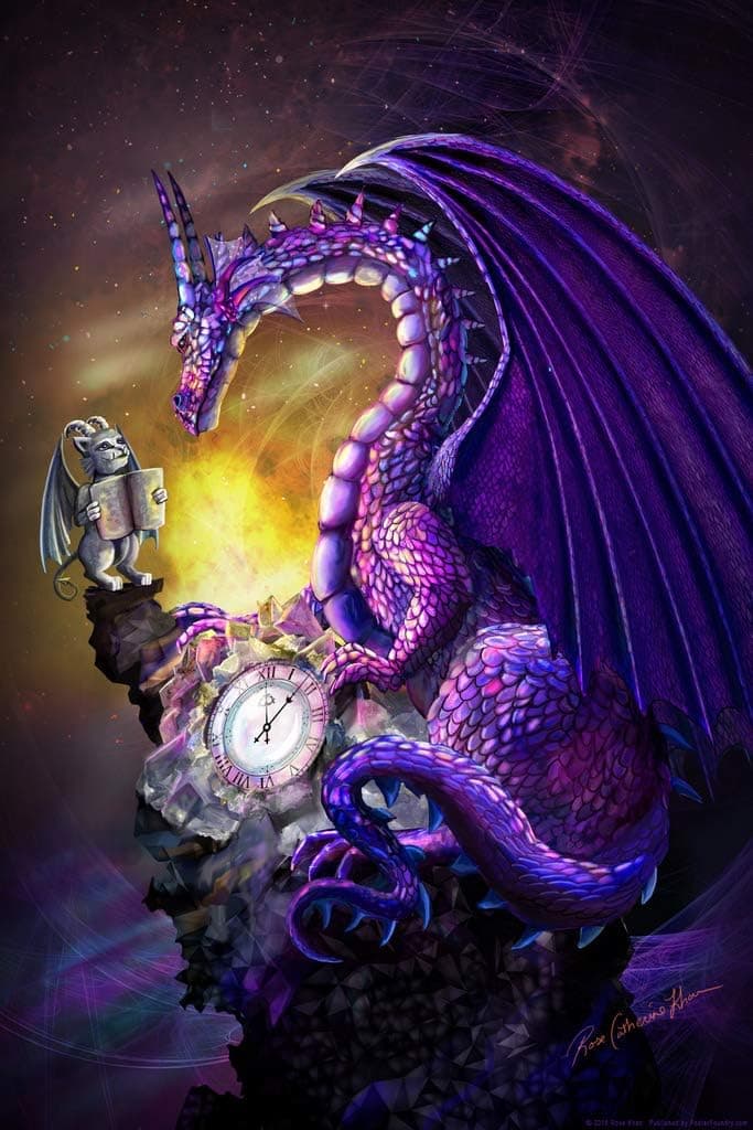 Purple Time Dragon with Gargoyle Friend by Rose Khan Poster Fantasy Clock Cosmos Shiny Scales Cool Wall Decor Art Print Poster 12x18