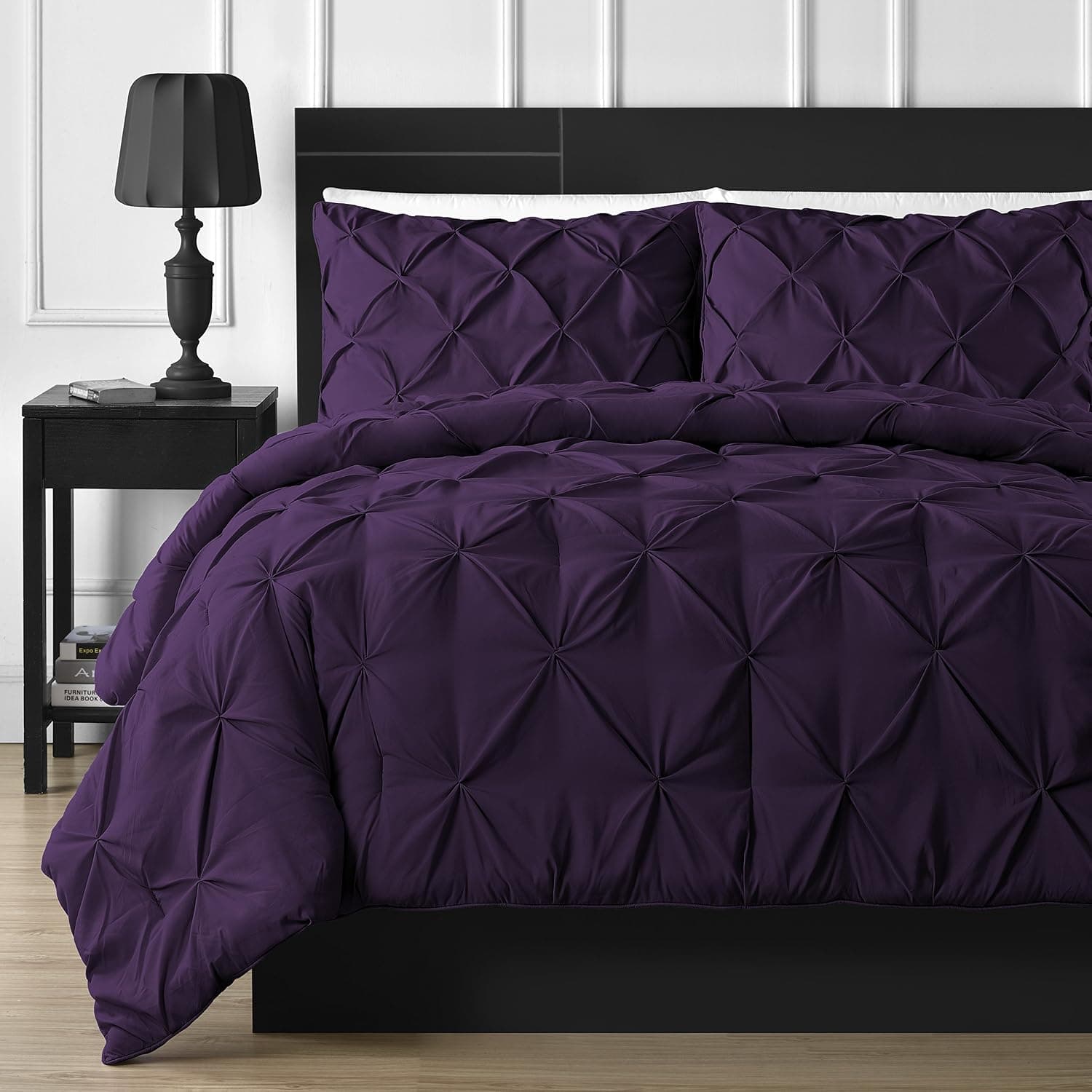Comfy Bedding Double Needle Durable Stitching 3-Piece Pinch Pleat Comforter Set All Season Pintuck Style, California King, Plum