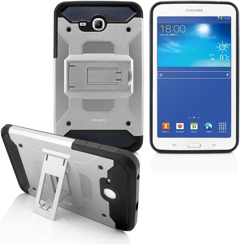 Samsung Galaxy Tab E LITE 7.0 case T113 [iRhino] TM Heavy Duty [Dual Layer] [Hybrid Case] cover with Build In Kickstand For Samsung galaxy Tab E LITE 7.0 inch T113 Tablet (SILVER ON BLACK)