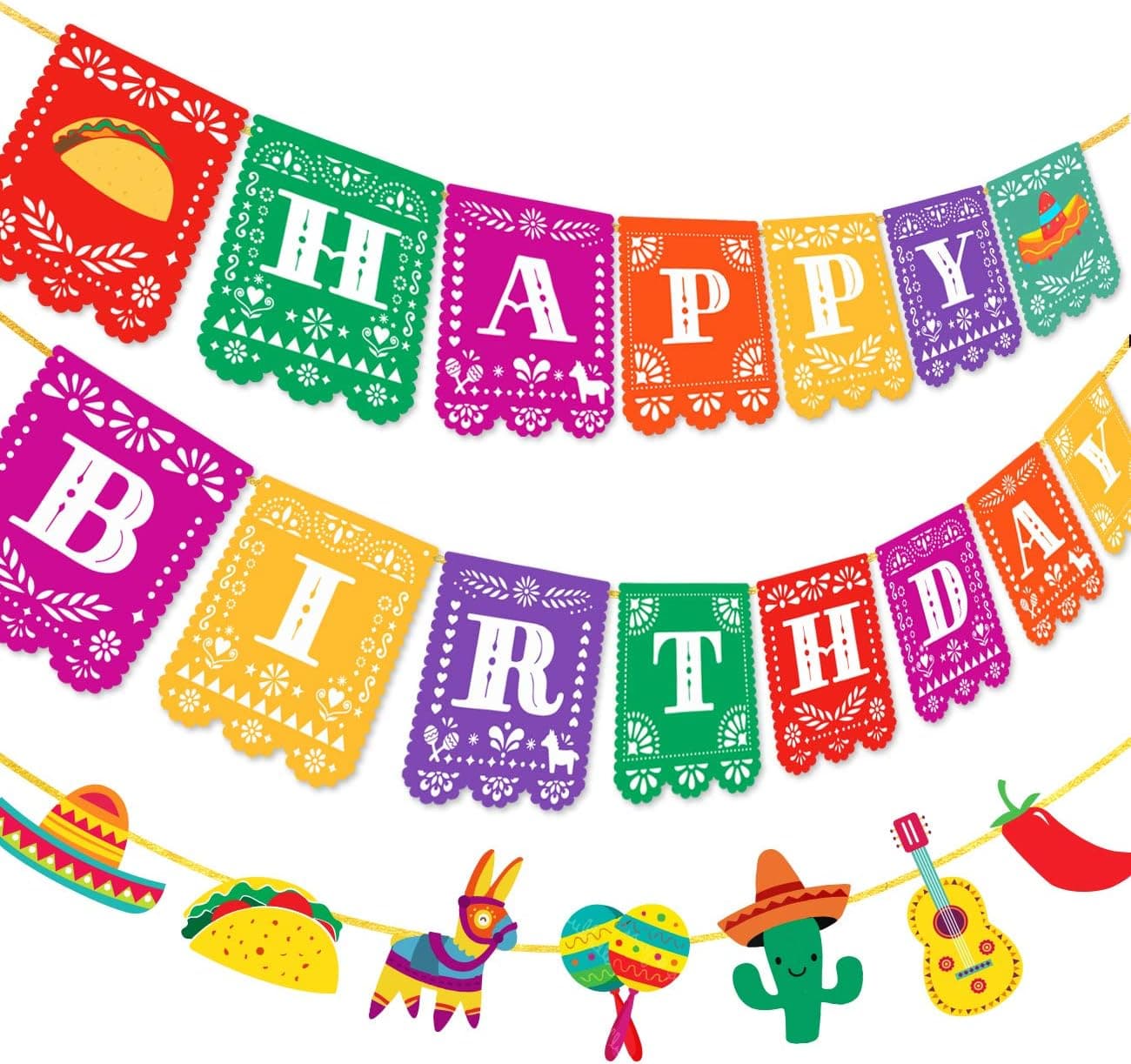 Kreatwow Fiesta Happy Birthday Banner Mexican Papel Picado Garland for Cinco de Mayo Taco Party Decorations Supplies 2 Pack